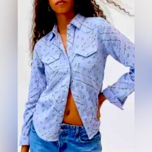 Blue Patterned Button-Up Western Shirt